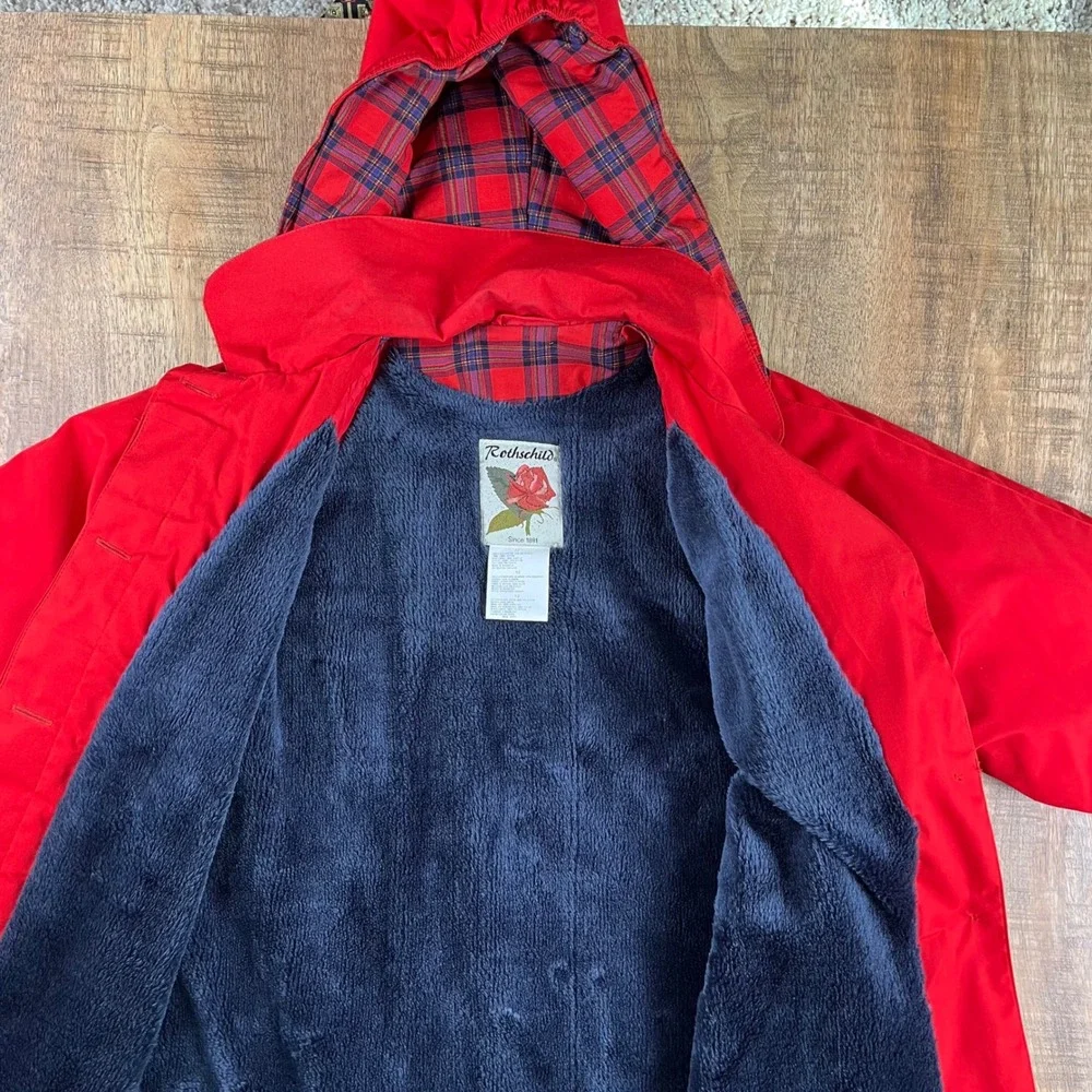 Rothschild Girls Red Hooded Dress Coat Plaid Trim Faux Fur Lined Size 12 Vintage